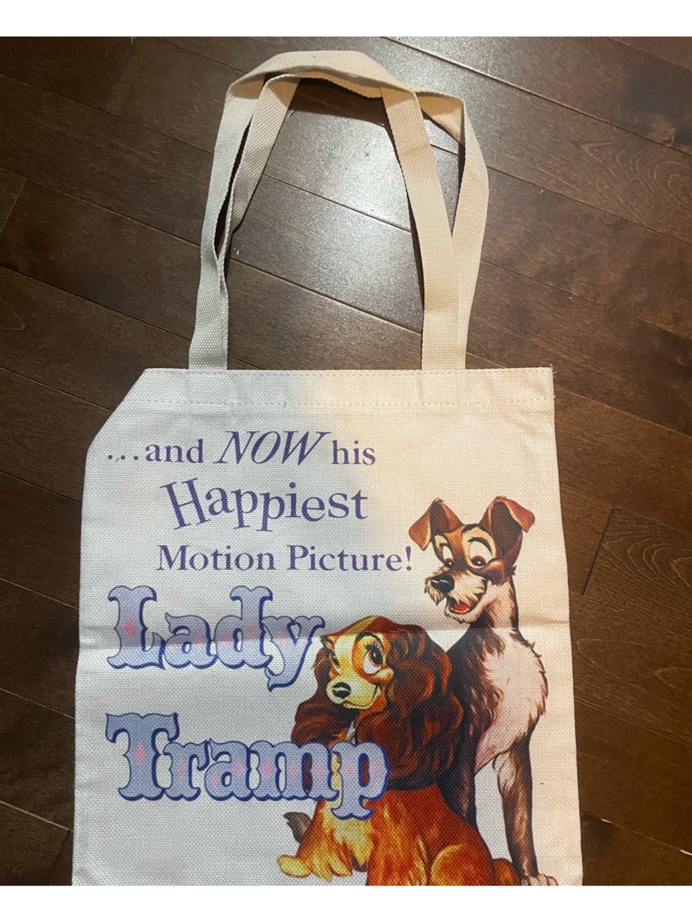 Lady and the Tramp Canvas Tote - Purple Text, Cream Background